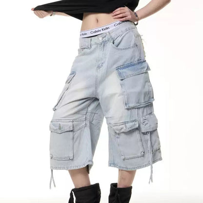 Retro Multi-pocket Denim Cargo Pants Shorts Women's Summer Loose Washed-out