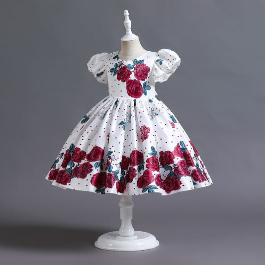 European And American Puff Sleeve Satin Flower Children's Girl Princess Dress