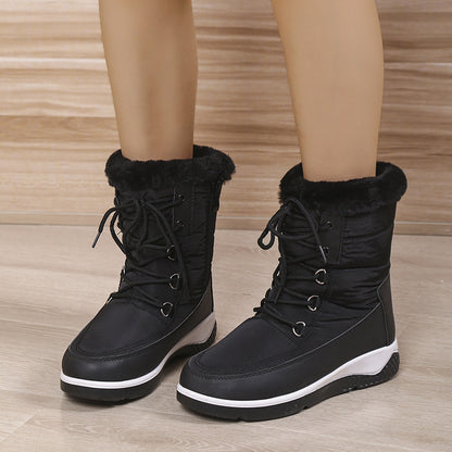 Large High Top Cotton Boots Women's Plush Front Lace Up Side Zipper