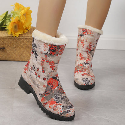 Fashion Flowers Print Ankle Boots With Plush Winter Warm Platform Shoes Women Lightweight Plus Velvet Ankle Boots
