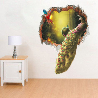 3d Peacock Forest Broken Wall Bedroom TV Backdrop Wall Decorative Removable Wall Sticker