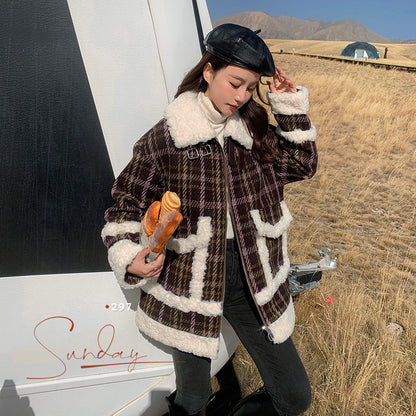 Composite Wheat Ears Thickened Plaid Fur Coat Women