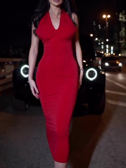 Red Halter Neck Slim Dress