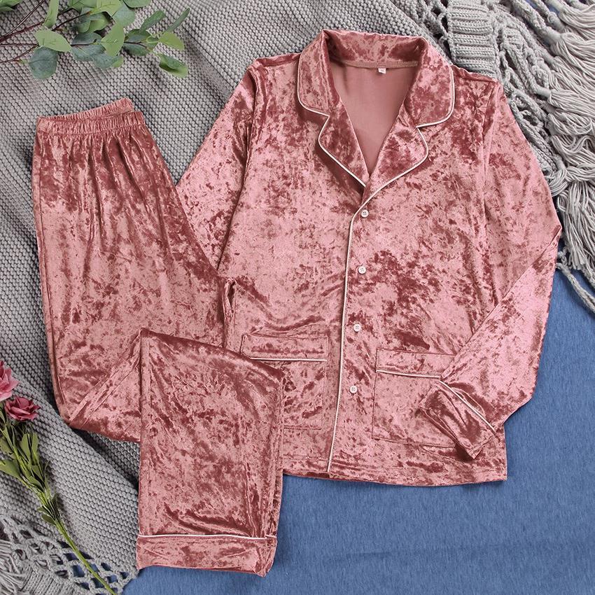 Purple Gold Velvet Women's Pajamas Set Long Sleeved Lapel Home Service Two Piece Suit