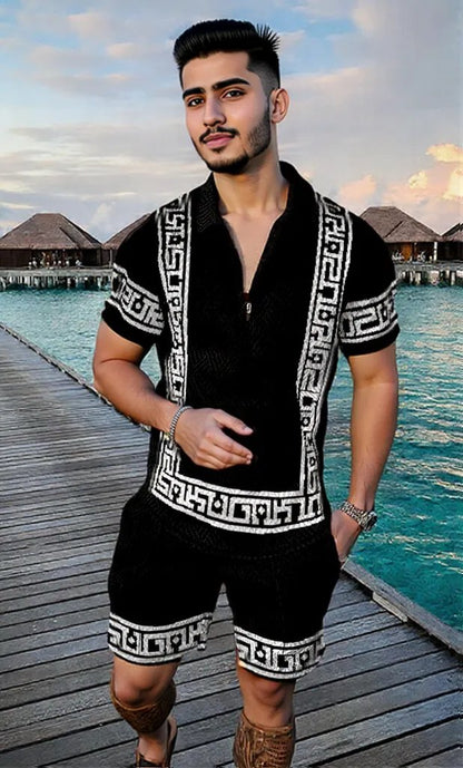 Men's Summer Fashion 3D Printed Short Sleeve Geometric Zip Lapel Shirt Set