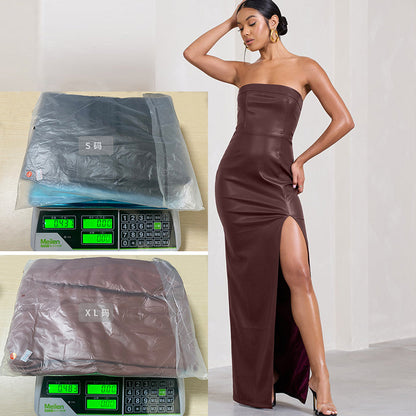Midnight Muse™ | Onyx Faux-Leather Strapless Maxi with High-Voltage Slit