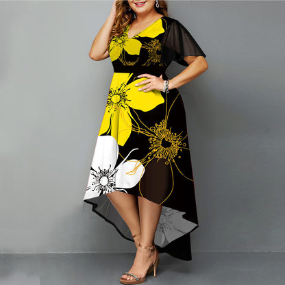 New Digital Print Flower Plus Size Women's Irregular Dress