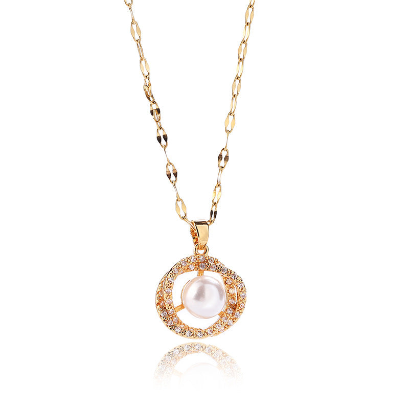 Titanium Steel Necklace Women''s Hollow Bird''s Nest Imitation Pearl Pendant