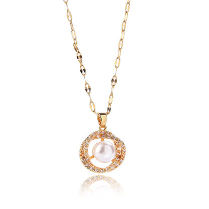 Titanium Steel Necklace Women''s Hollow Bird''s Nest Imitation Pearl Pendant