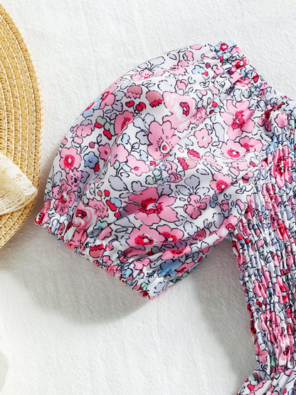 Summer New Girls' Floral Puff Sleeve Dress