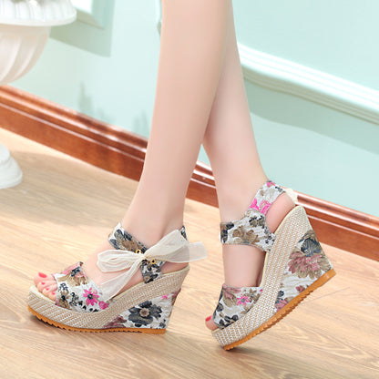 Sandals Women Wedge Heel Lace Lace High Heel Women Shoes - FLIPSTYLEZLLC