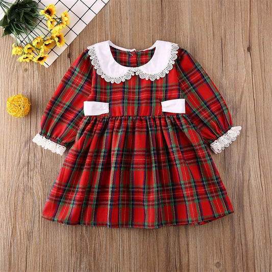 Round Neck Lace Long Sleeve Western Style Plaid Dress