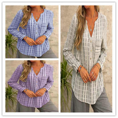 Plus size women's blue striped shirt casual top