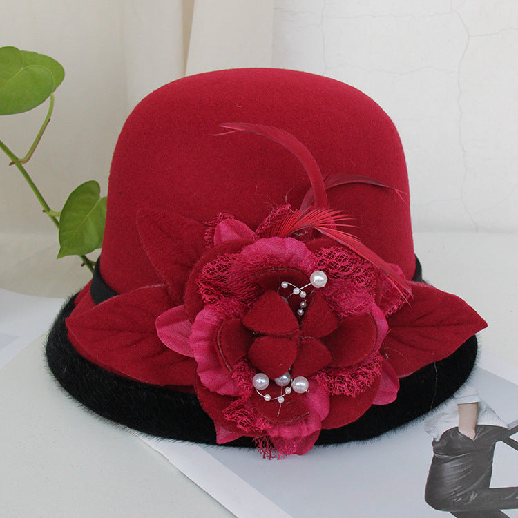 Black Brim Woolen British Feather Flower Top Hat