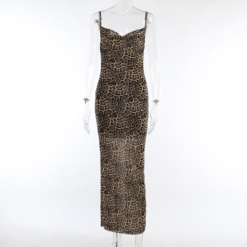 Summer Elegant Backless Long Dress Hot Girl Sexy Slim Leopard Print Sling Dress Women