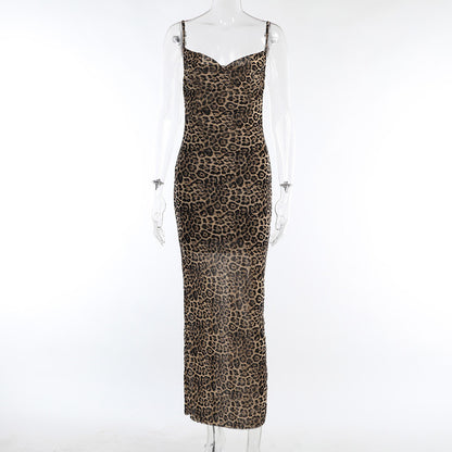 Summer Elegant Backless Long Dress Hot Girl Sexy Slim Leopard Print Sling Dress Women