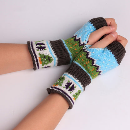 Christmas Tree Thick Wool Fingerless Knitted Gloves