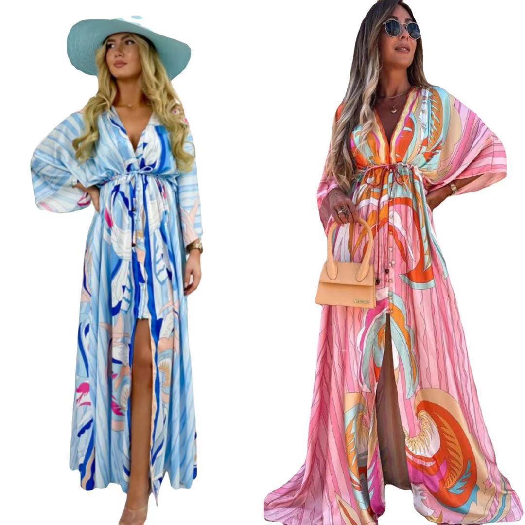 New women''s V-neck short sleeve printed long dress