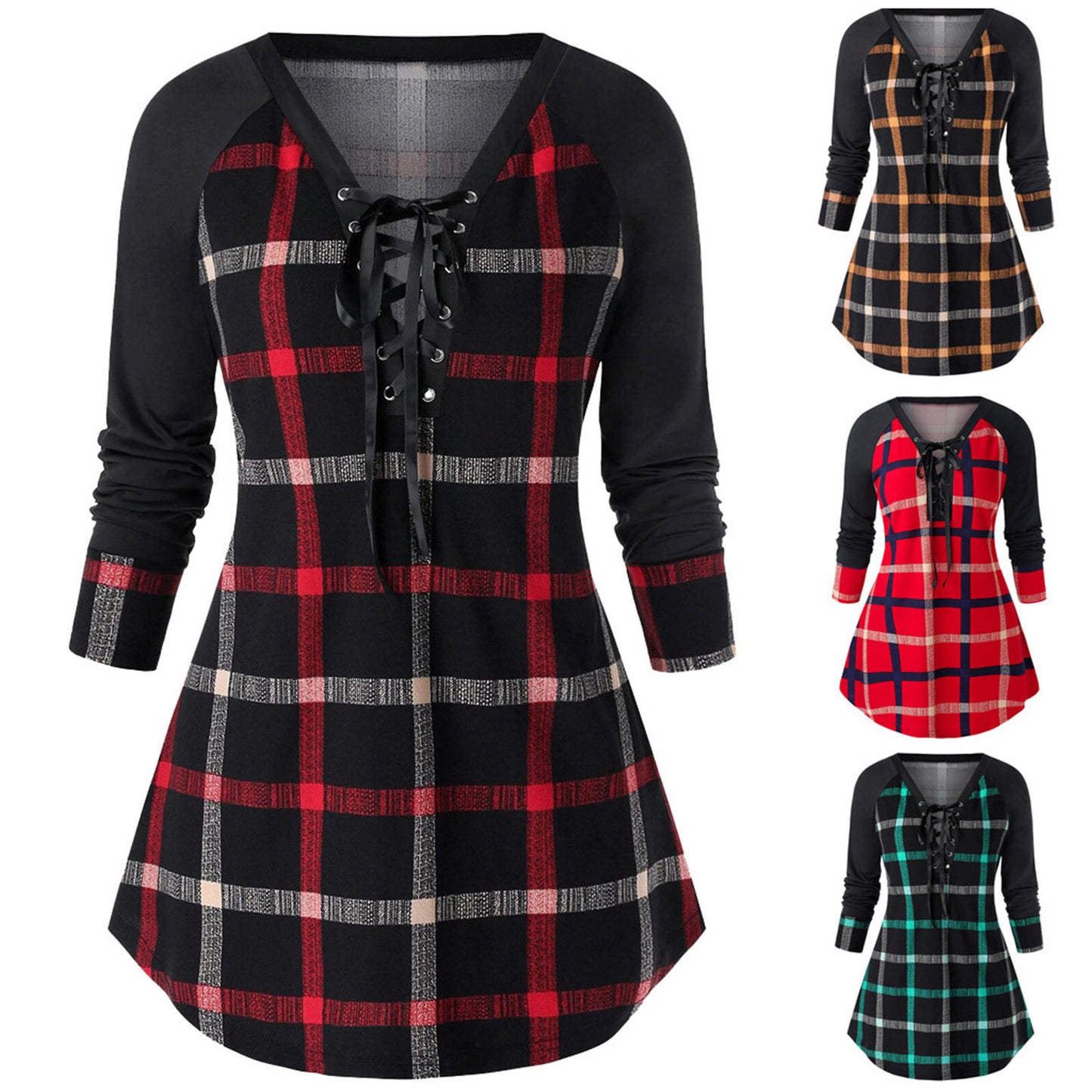 New cute Wine Red Spring And Autumn Printed Plus Size Long Sleeve Plaid Dress for young adult