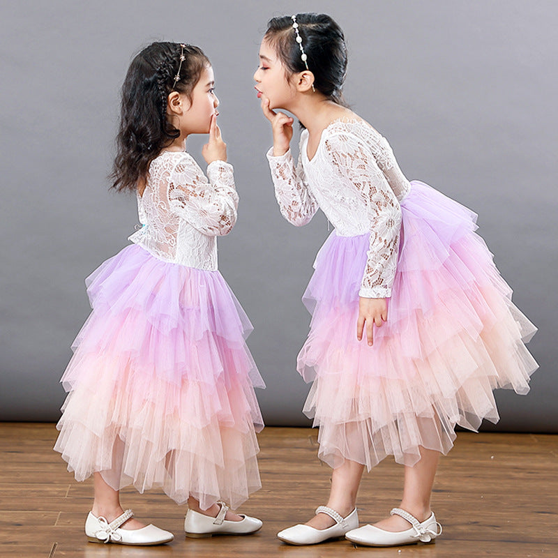 Girls Lace Backless Tutu Dress with Long Sleeves