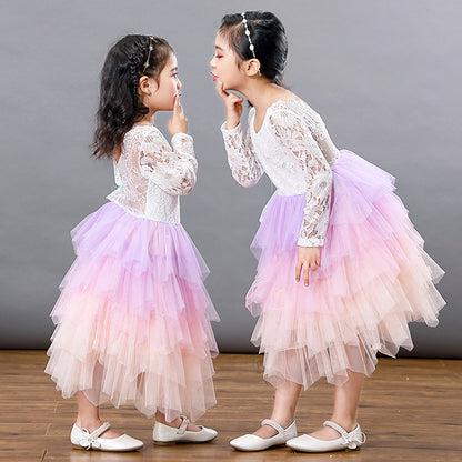 Girls Lace Backless Tutu Dress with Long Sleeves