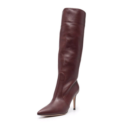 Burgundy PU Plus Size Pointed Toe Knee-length Boots