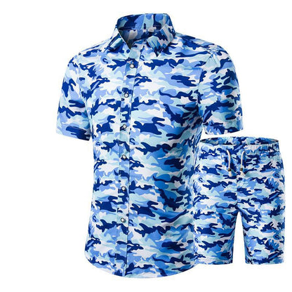 Summer New Products Men's Short-Sleeved Shirt Shorts Two-Piece Floral Shirt Set