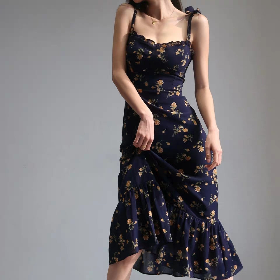 French Girl Retro Pastoral Small Floral Suspenders Slim Dress