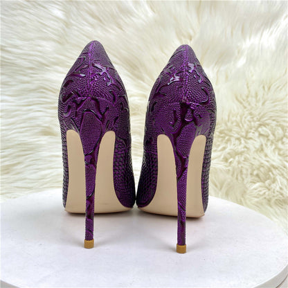Beautiful purple embossed lace swirl design women's high heels