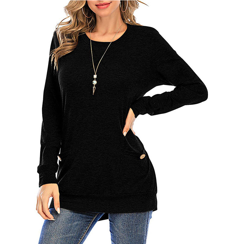 New Product Crossed Pockets Round Neck Long-sleeved T-shirt Women