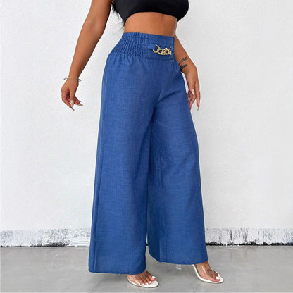 New Womens Fashionable Retro High-Waist Elastic Drapey Wide-Leg Long Pants For Women