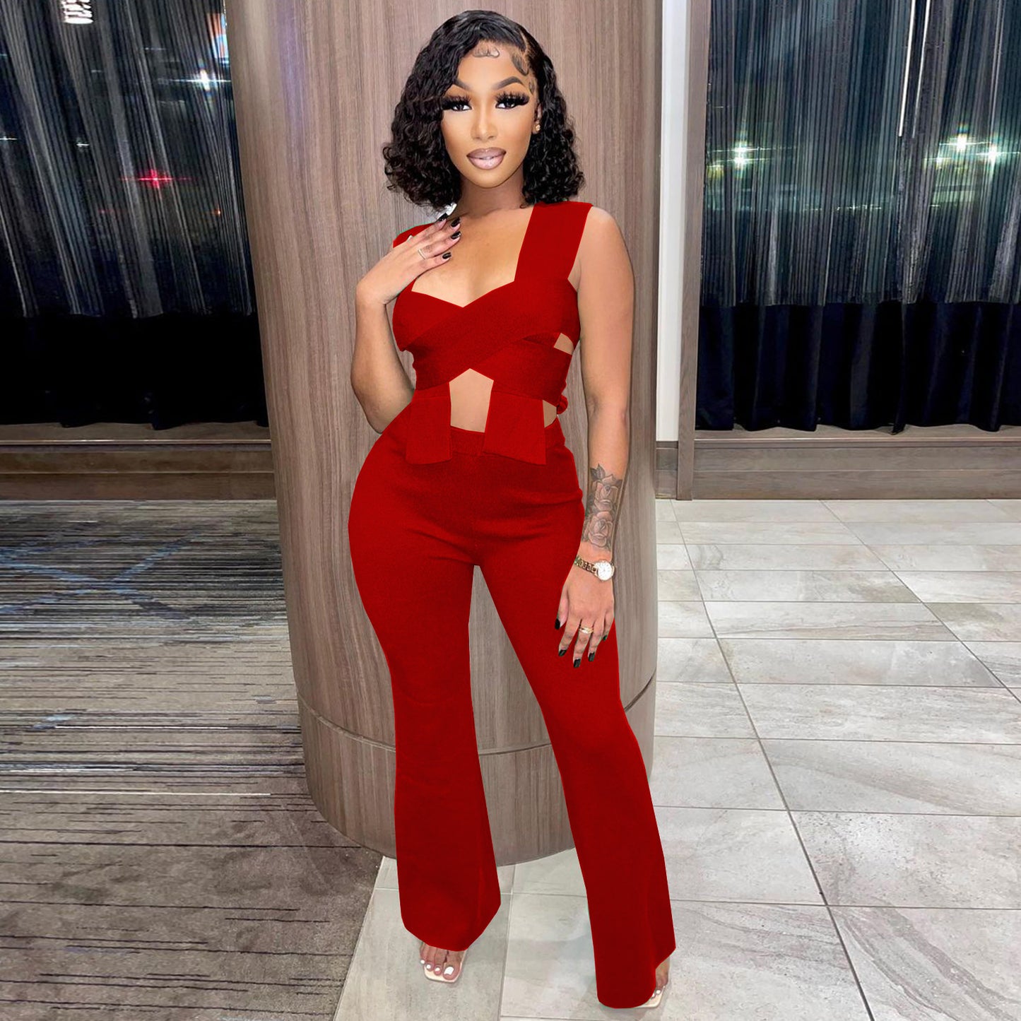 Irregular Shawl Sleeveless Wrap Knot Fashion 2 Piece Set