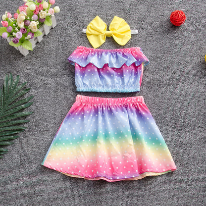 Summer fashion girl sleeveless rainbow three-piece suit