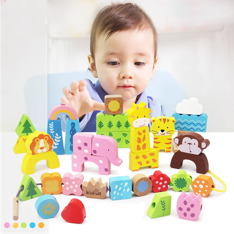 Boys building block children's toys with beech