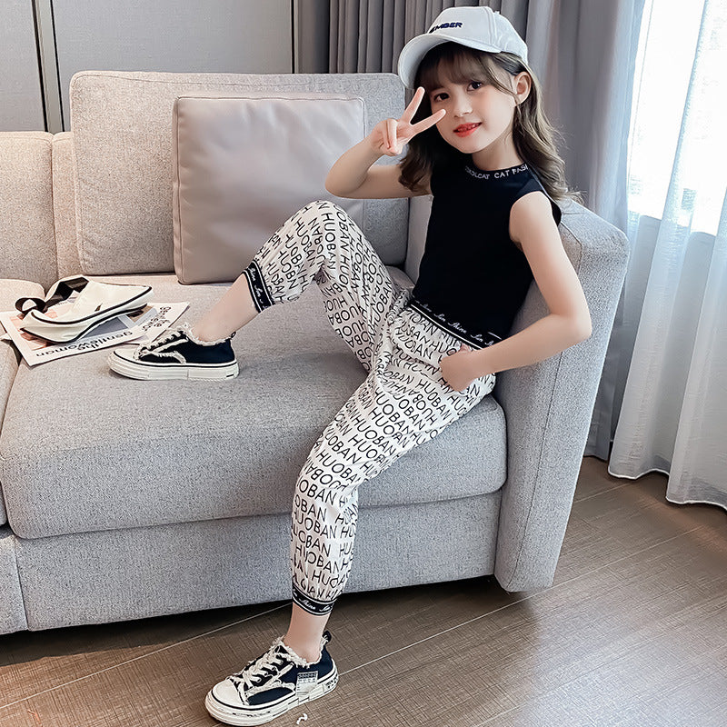 Girls Korean Style Sleeveless Two-piece Sports Suit