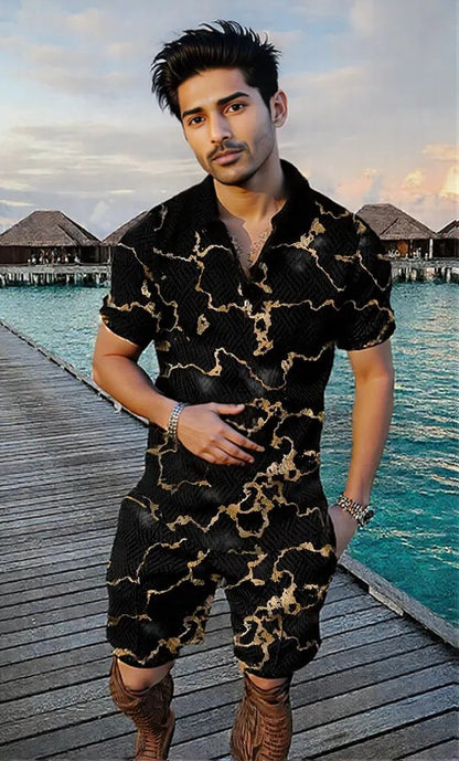 Men's Summer Fashion Short Sleeve black n gold Geometric Zip Lapel Shirt and short Set