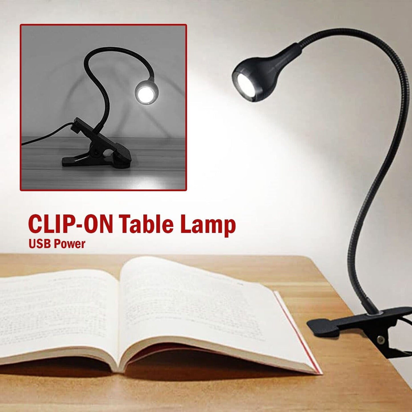 USB Flexible Reading LED Bright Light Book Lamp Clip-on Beside Bed Desk Table