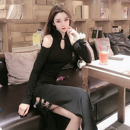 Sexy off-the-shoulder long-sleeved slim-fitting slim high split dress dark girl long cheongsam