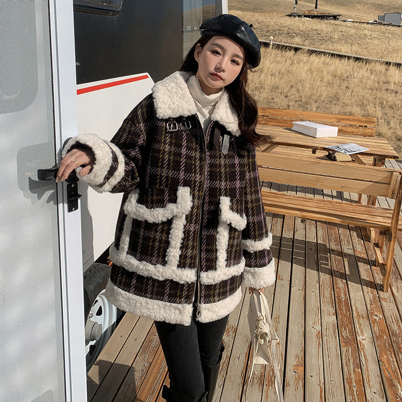 Composite Wheat Ears Thickened Plaid Fur Coat Women