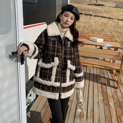 Composite Wheat Ears Thickened Plaid Fur Coat Women
