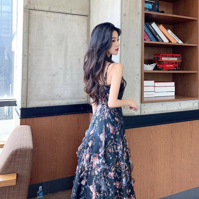 Printed A-line Skirt Summer New Product Temperament Was Thin Suspender Skirt