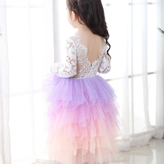 Girls Lace Backless Tutu Dress with Long Sleeves