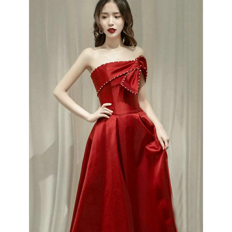 French Satin Ladies Banquet Temperament Wedding Evening Dress