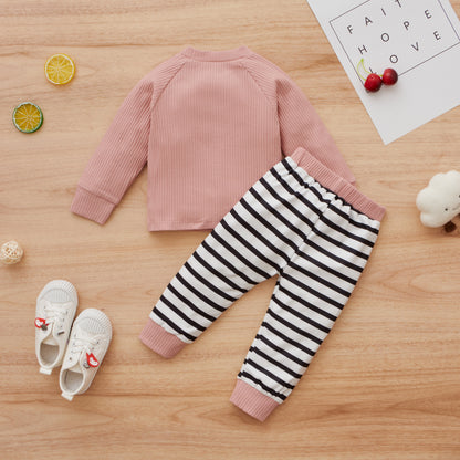 Girls' Sports Long-sleeved Pullover Without Hood Rainbow Cotton Sweater And Trousers Suit
