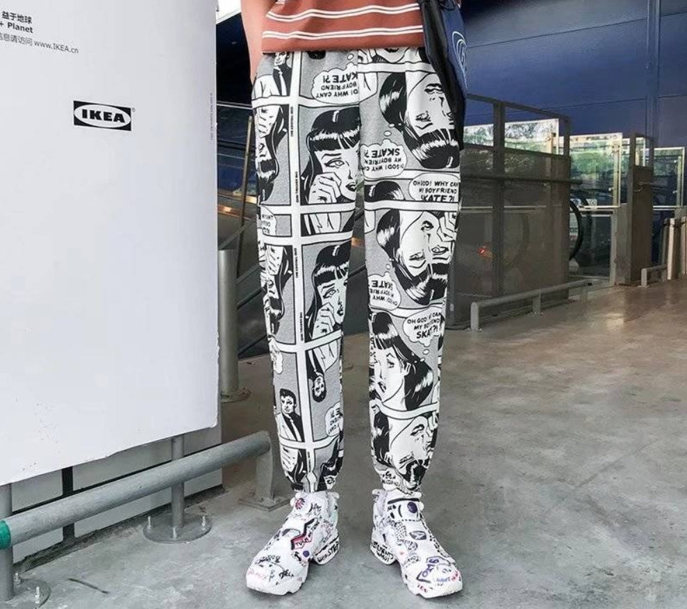 Tide brand hip hop newspaper pants men and women pants ins the same paragraph street loose beam pants national tide