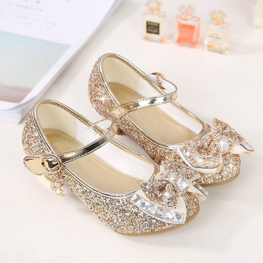Girls High Heel Shoes Rhinestone Bow Princess Shoes