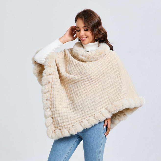 New Luxury Rabbit Fur Collar Shawl Cape for women Elegant Autumn Winter Fashion
