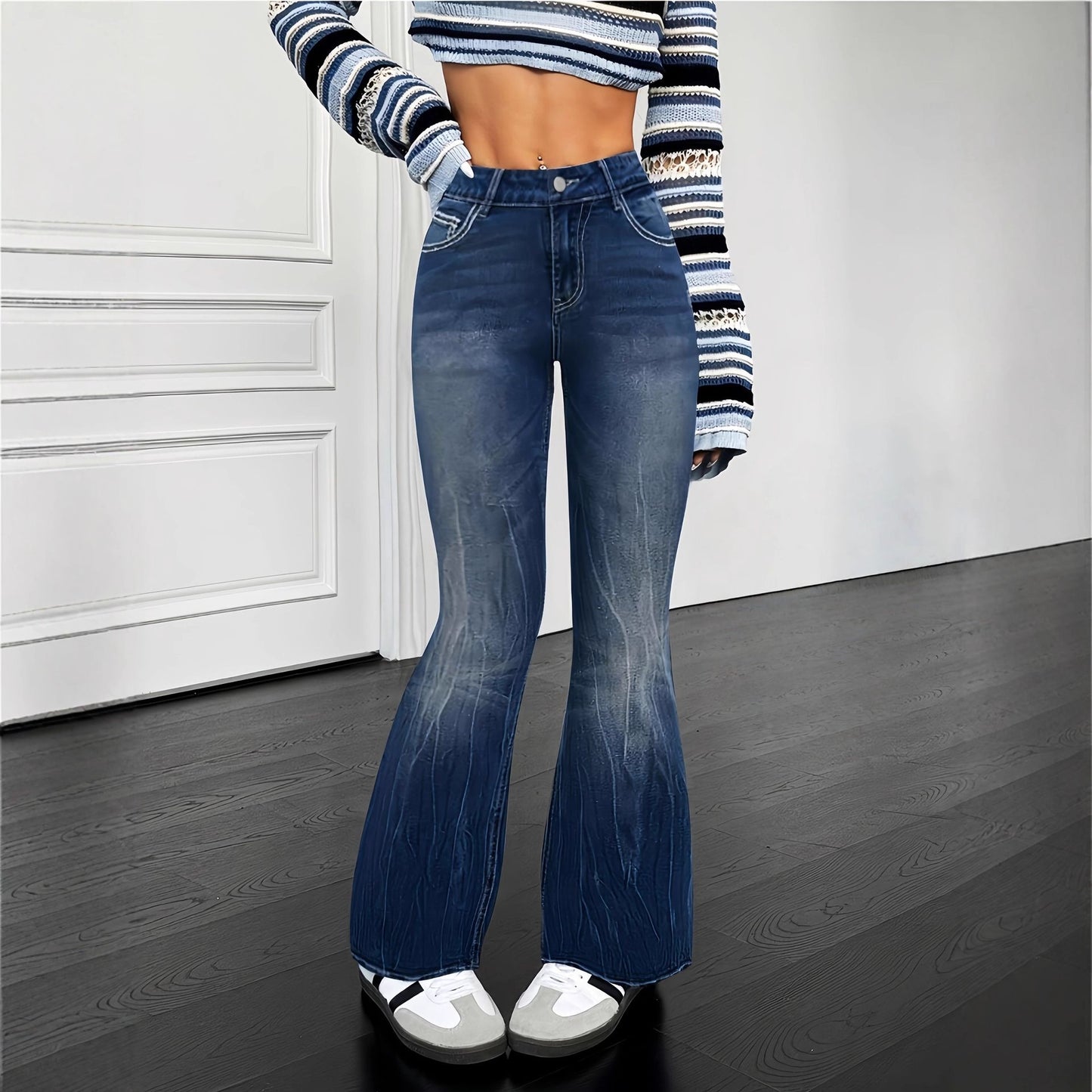 Women's dark wash pocket embroidered rhinestone fitted flared jeans