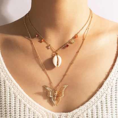 Simple Retro Ethnic Butterfly Shell Color Beads 2 Layer Necklace