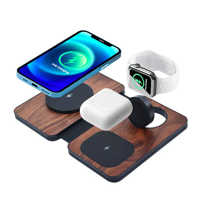 Three-in-one Walnut Magnetic Wireless Charger Portable Foldable Wireless Charger